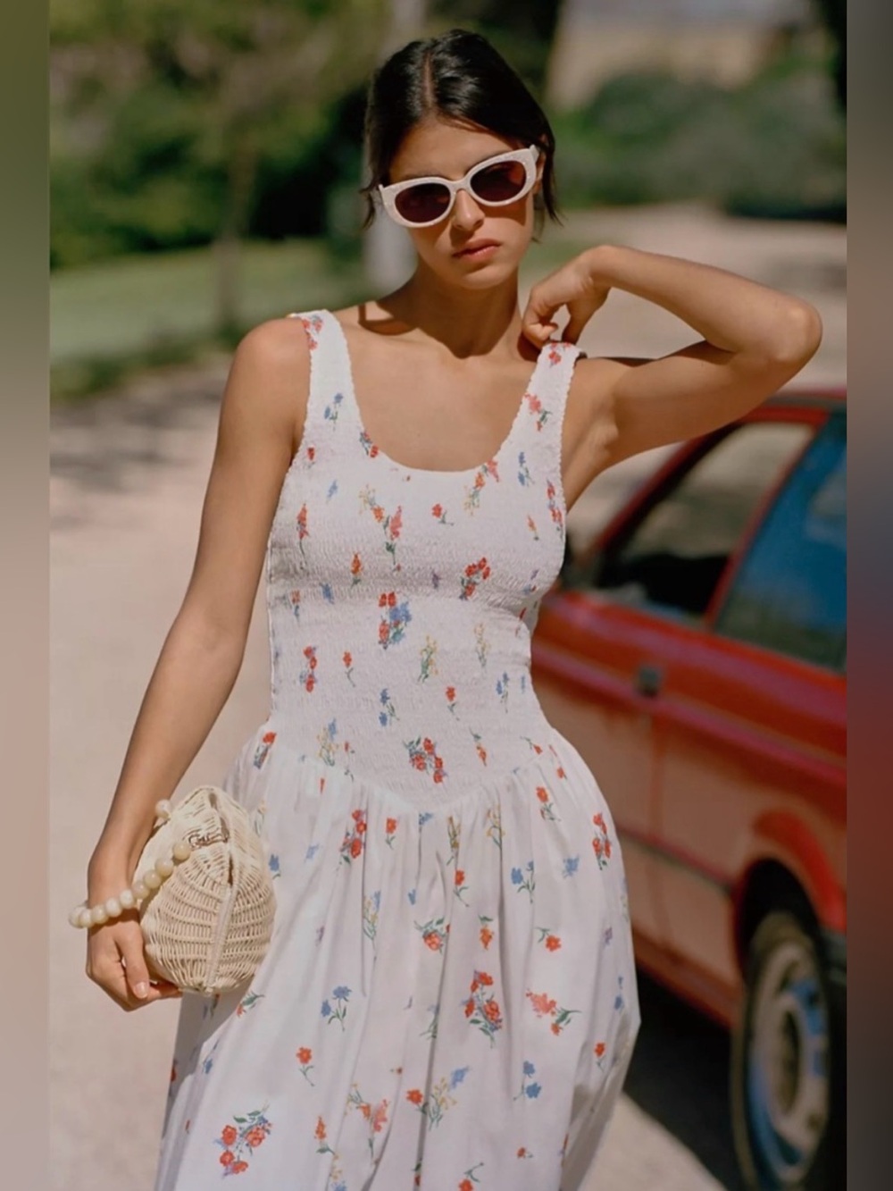 Anthropologie WAYF Drop-Waist Sleeveless Midi Dress - white floral print